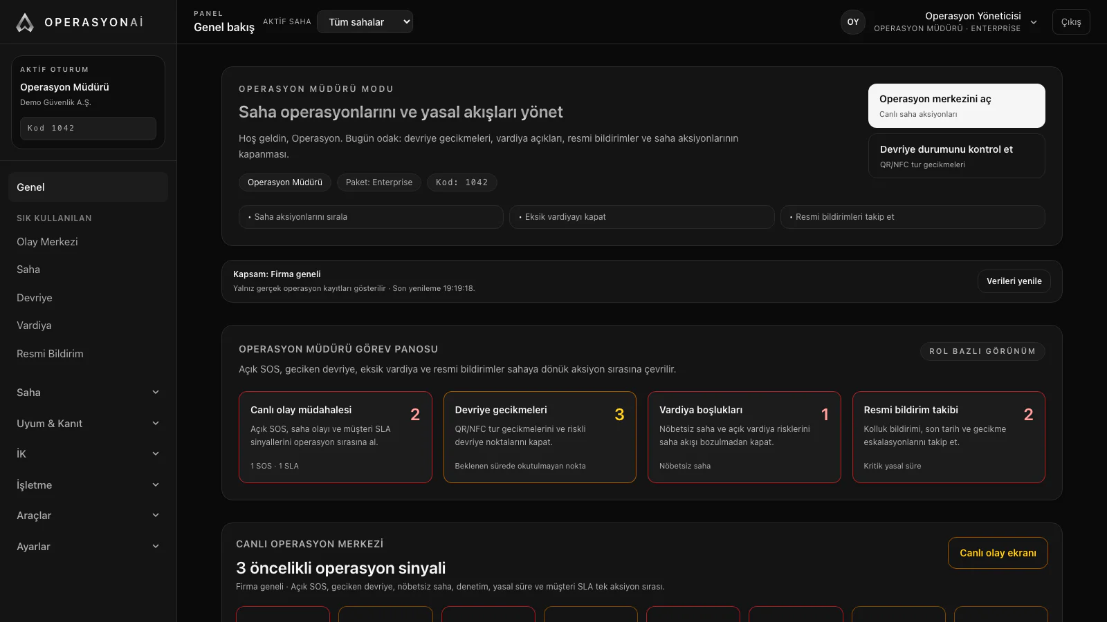 OperasyonAI gerçek operasyon müdürü web paneli; firma, kullanıcı ve operasyon verileri maskelenmiştir
